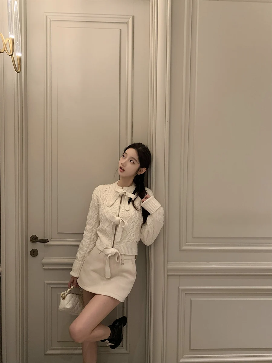 Good Morning Fan Fan Micro Sweet Skiing Small Fraance Knitted Cardigan Slim ort Sweater Women Winter Anti-Aging Top