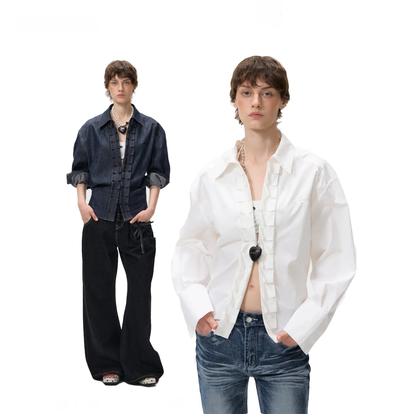 

Long Sve Embroidered Logo Lace Design Original Jeans Waist Cinching irt Casual Sle Women's Premium Faion