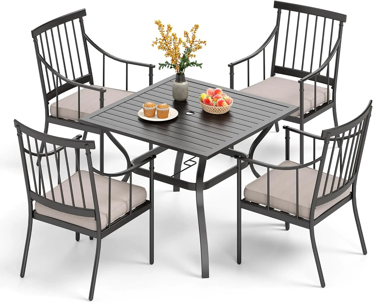 5 Piece Outdoor Dining Set with Cushion, 37” Square Metal Dining Table 4 Cushioned Steel Chairs for Patio, Deck, Yard