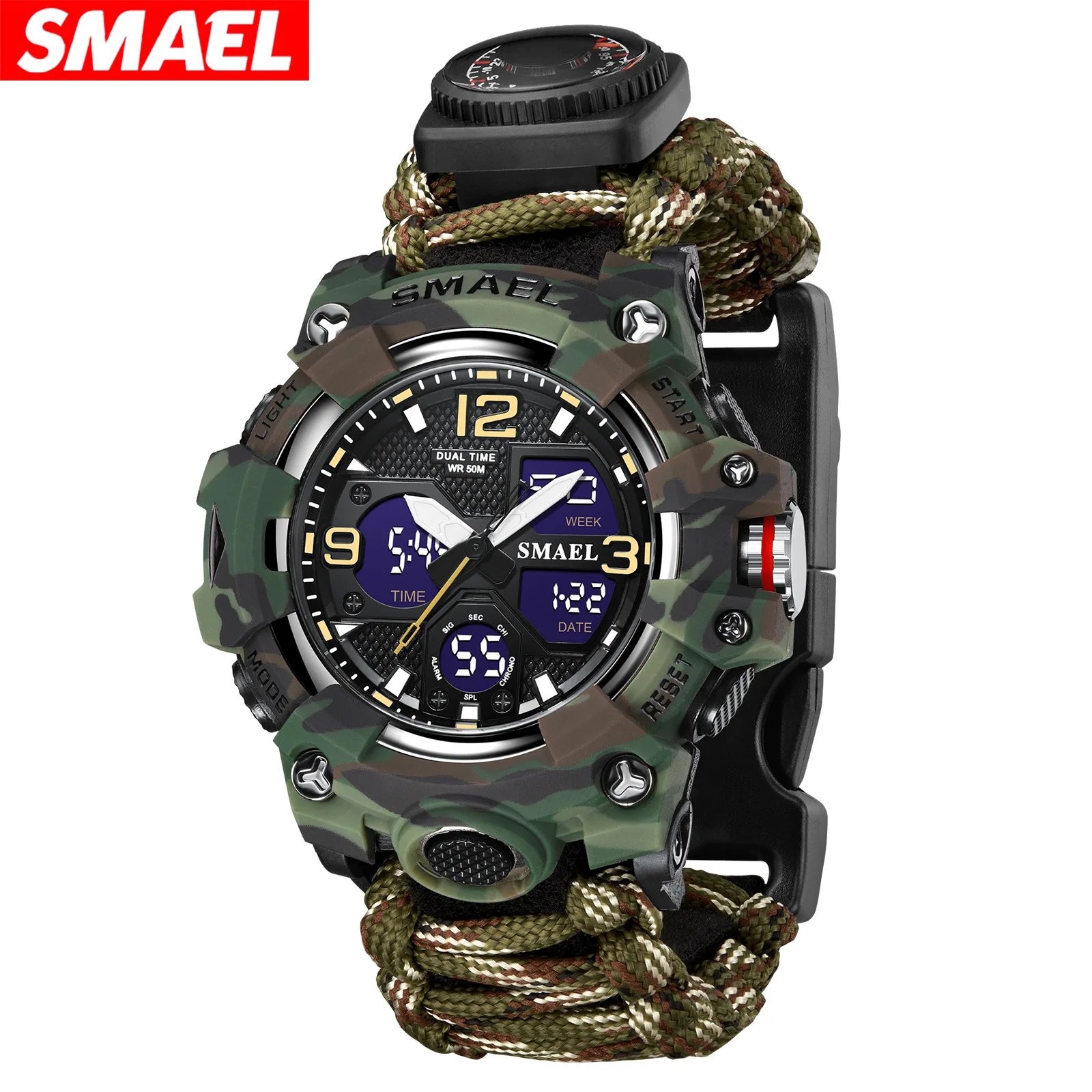 Smael multifunctional outdoor adventure digital watch for men with fire starter and led night light
