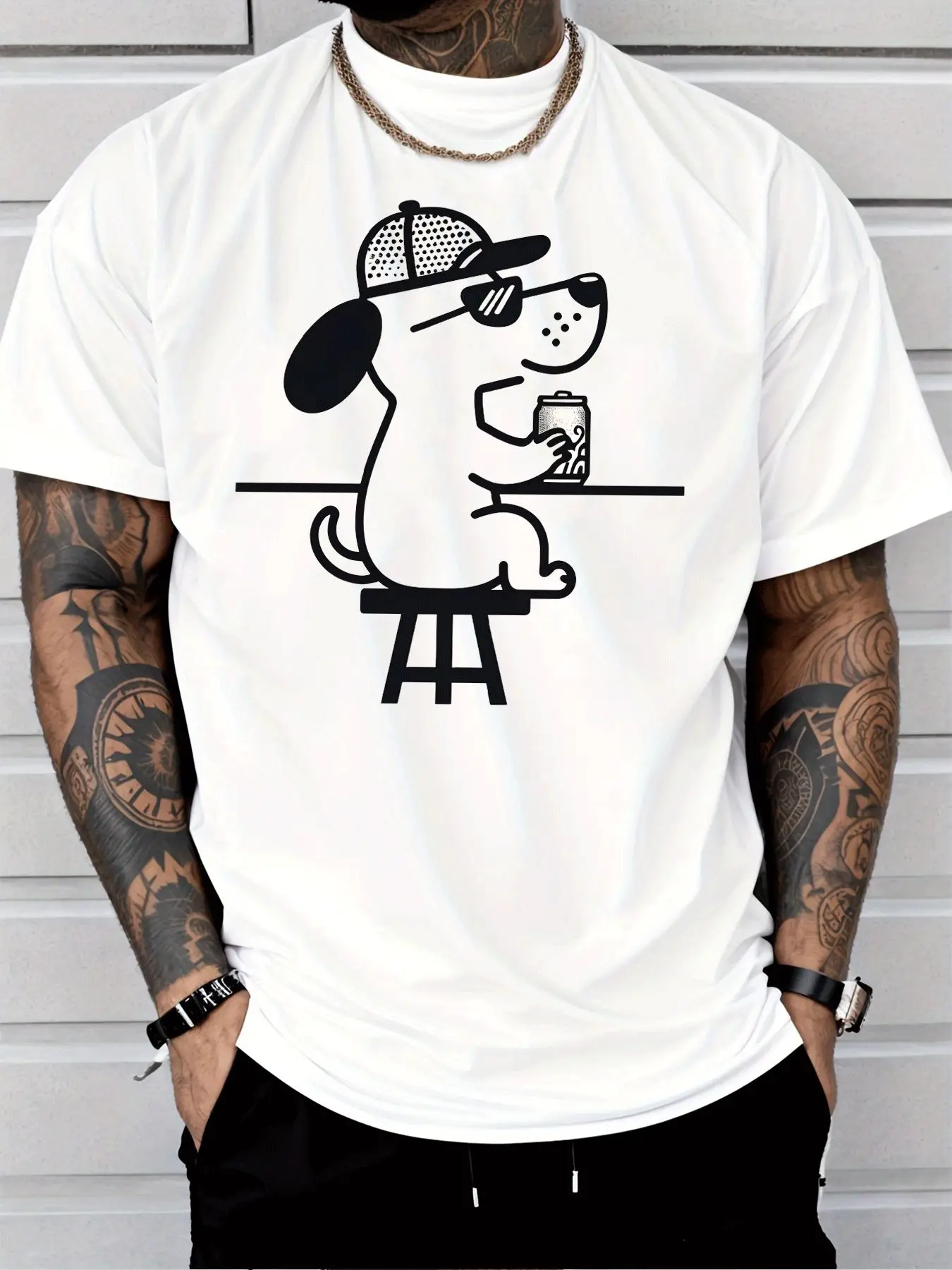 Men Black Crew Neck Tee White Line Art Cool Dog Wearing Cap Sunglasses Sitting On Stool Holding Soda Can Bar Casual Cotton Tops