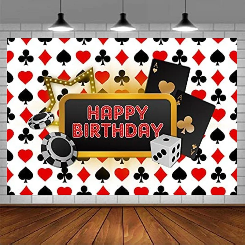 

Casino Party Backdrop Red Black 4A Cards Interior Stars Lights Happy Birthday Activity Customized Photo Background Studio Props