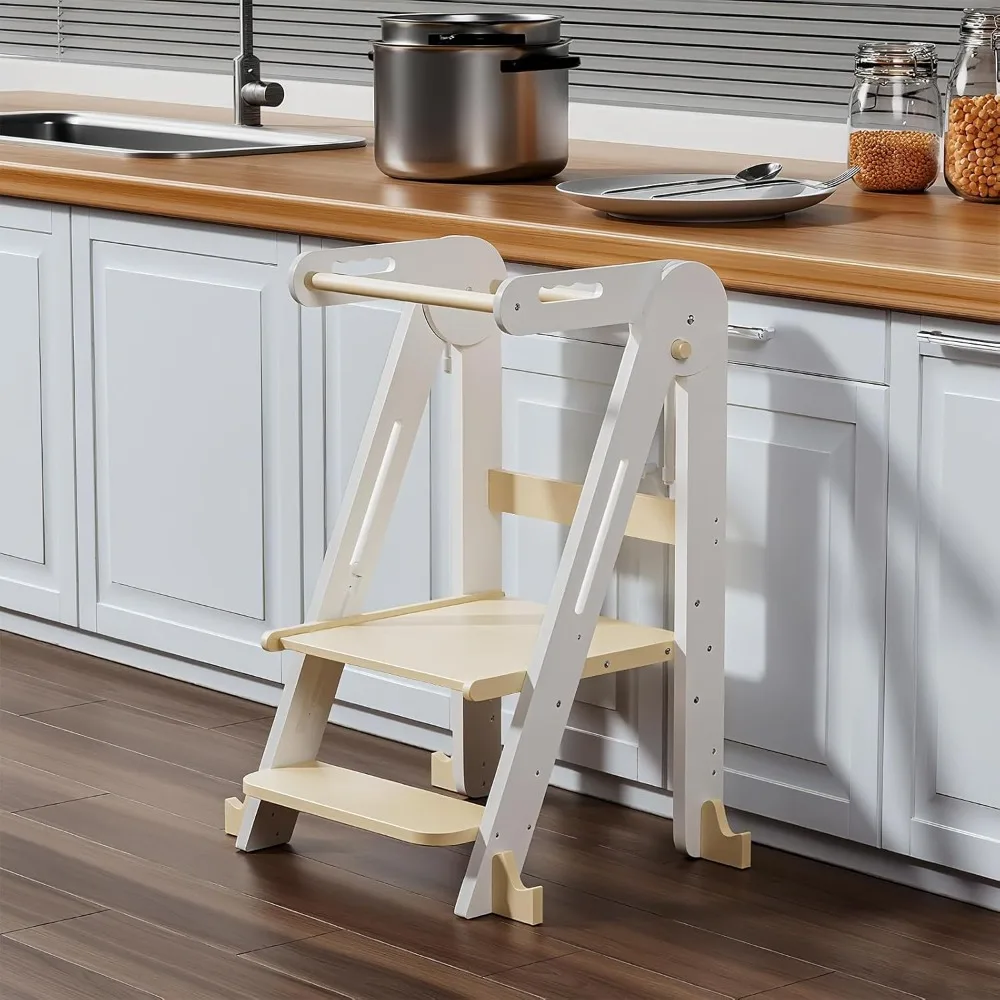 子供用キッチン踏み台、折りたたみ式幼児用タワー、高さ調節可能な幼児用立ちタワー、安全レールと滑り止め装置付き