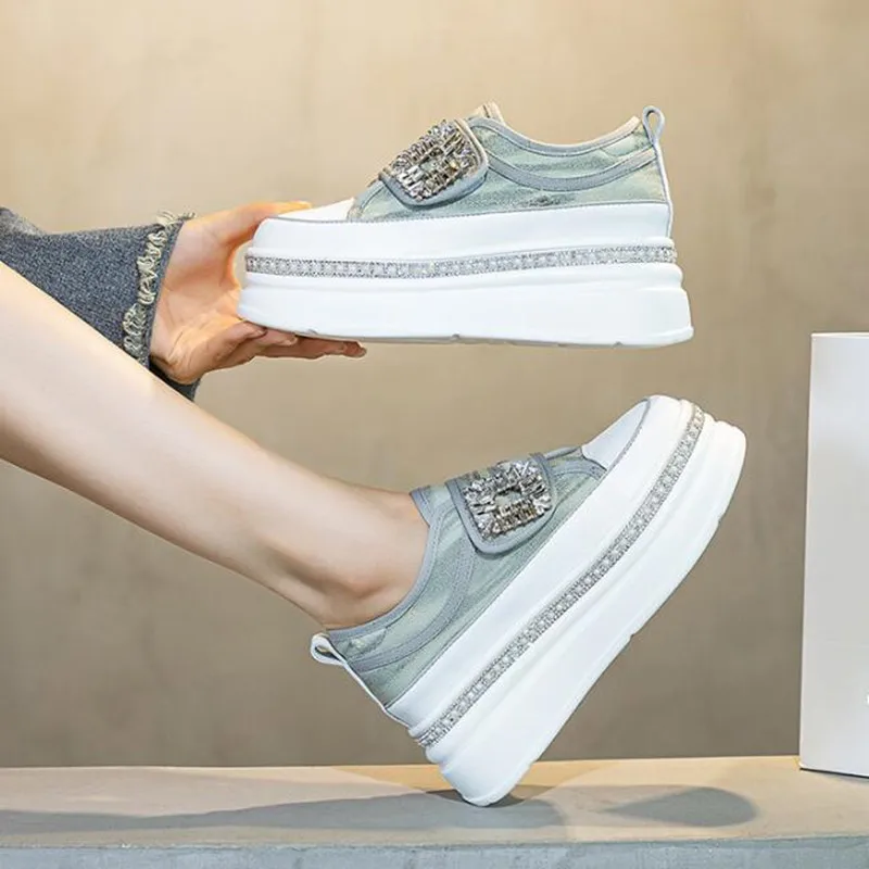 8 سنتيمتر الدنيم الماس منصة إسفين جلد طبيعي عادية الربيع الصيف الخريف مريح عالية العلامة التجارية أحذية رياضية مكتنزة الكعوب الخفية الأحذية #4