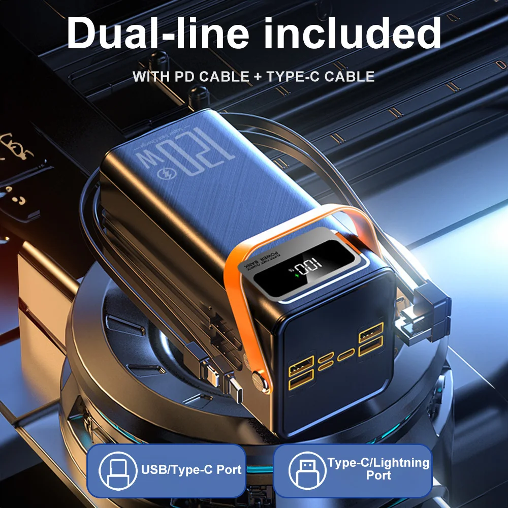 بنك طاقة محمول بقدرة 50000 مللي أمبير في الساعة للتخييم الخارجي بقدرة 120 وات شحن سريع للغاية مع كابلات مدمجة وإضاءة LED