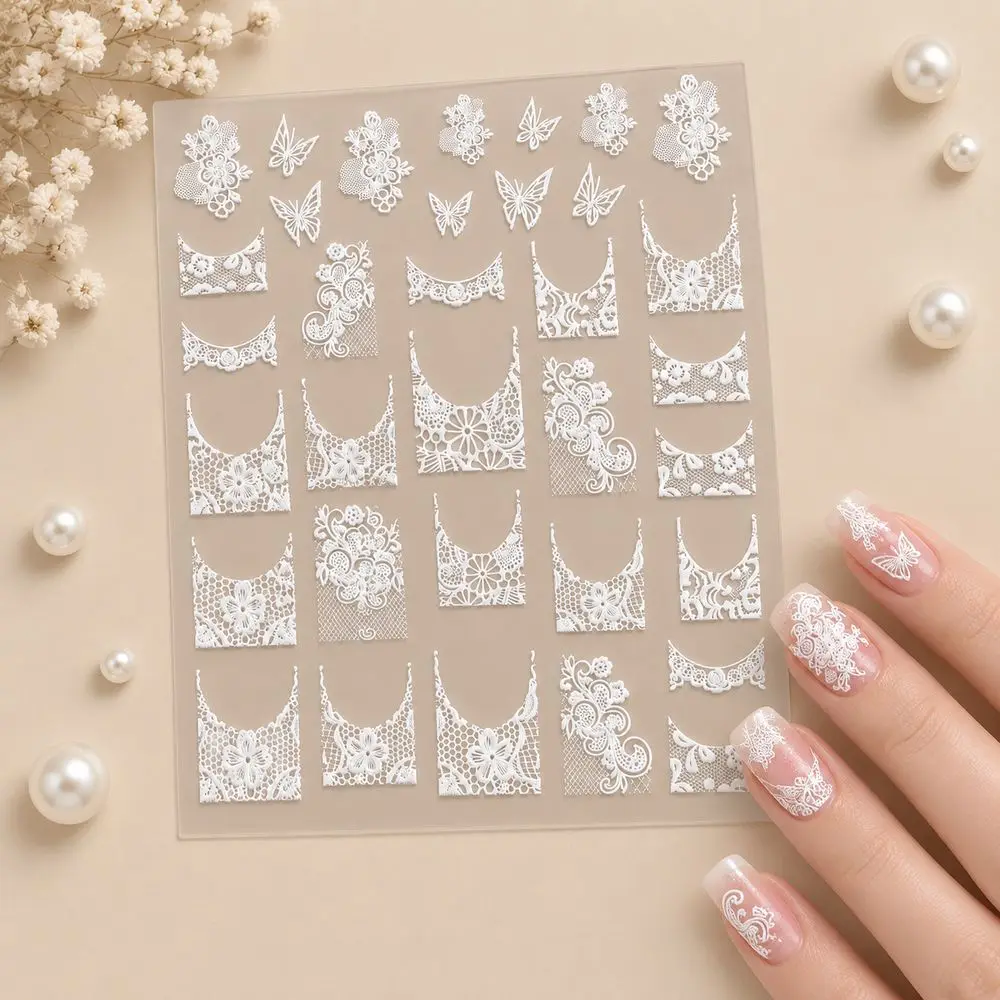 Beginner Friendly Lace Nail Kit White Butterfly Flower 5D Embossed Self Adhesive Decals Easy Apply DIY Manicure Set for Nail Art