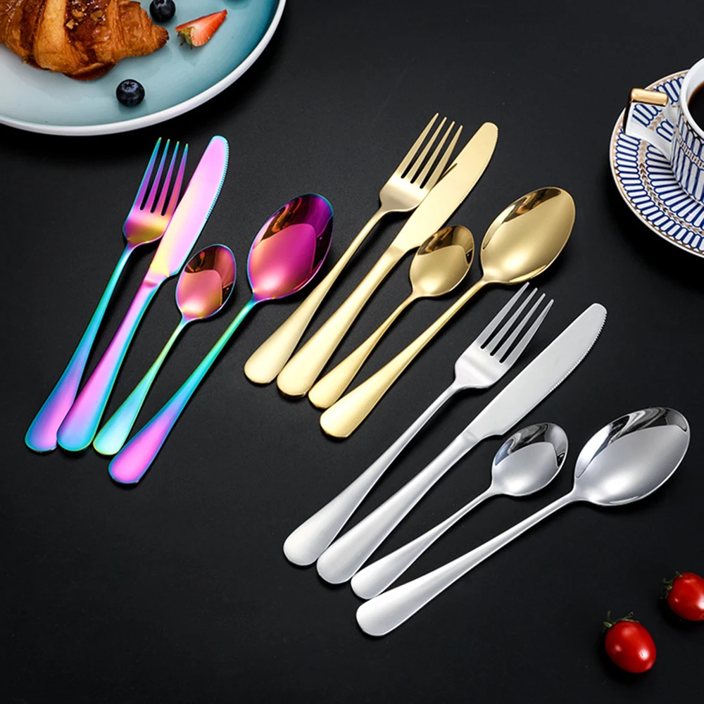 24Pcs Pink Gold Tableware Set Mirror Stainless Steel Cutlery Kitchen Dinnerware Knife Fork Spoon Restaurant Wedding Flatware Set