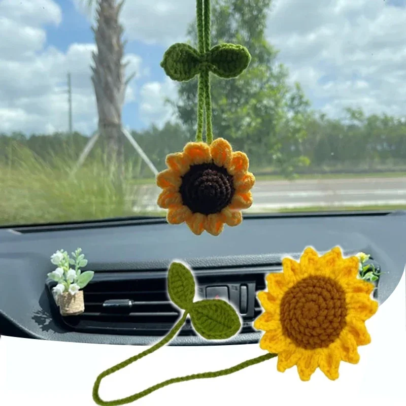 

Handmade Crochet Sunflower Car Pendant Rearview Mirror Hanging Charm Ornaments Car Styling Auto Interior Decoraction Accessories