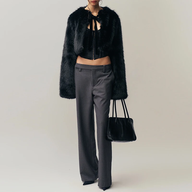 럭셔리 여성 겨울 두꺼운 따뜻한 인조 모피 코트 긴 소매 레이스업 O넥 크롭 숏 블랙 재킷 스트리트웨어 패션 아우터웨어