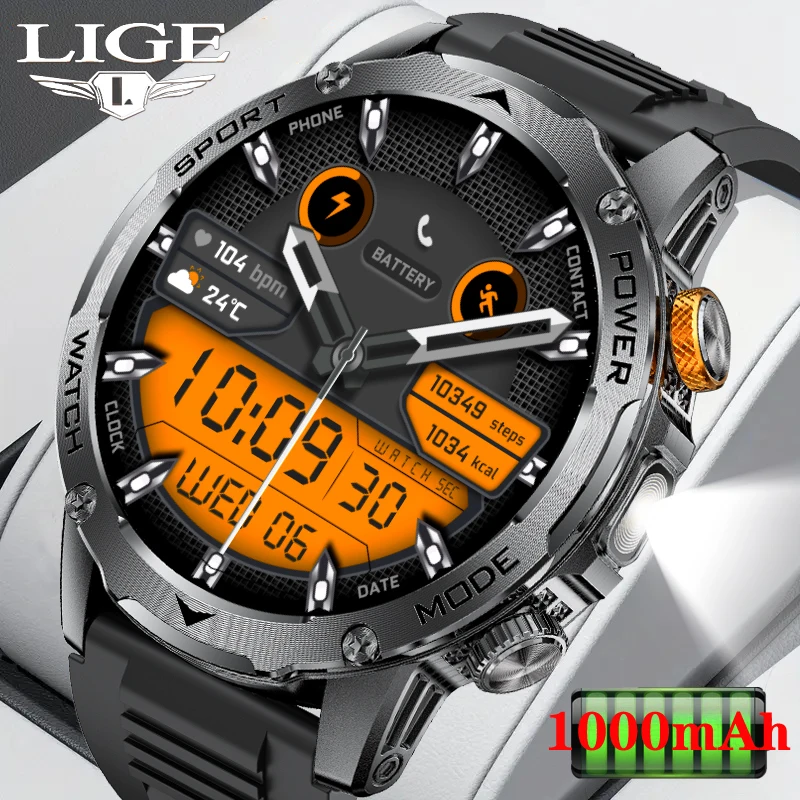 Lige robusto relógio inteligente masculino 1000mah bateria de grande capacidade lanterna ao ar livre bluetooth chamada à prova dwaterproof água esporte fitness smartwatch