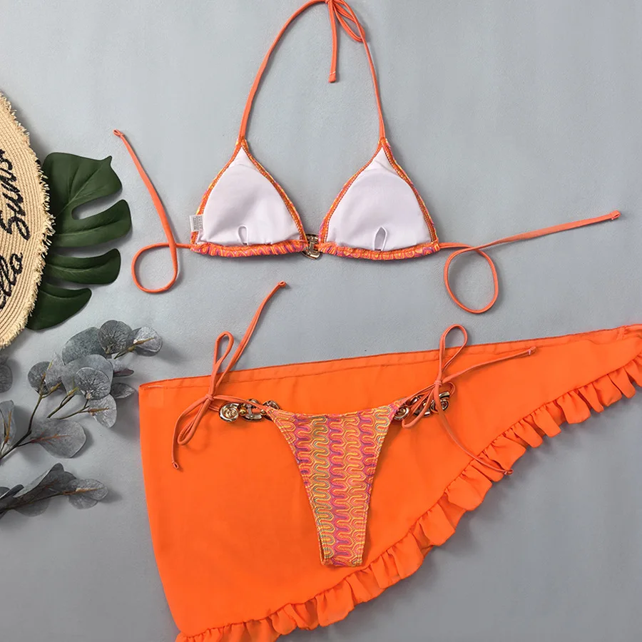 sexy orange knit wave patchwork halter tie bikinis sets 3pcs with ruffles cover skirt swimwear bathing suit swimsuits tankini
