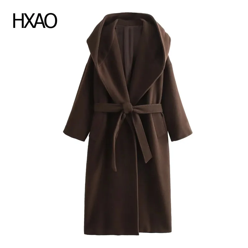 

HXAO Winter Long Coat for Women Hooded Cashmere Coat Female Wool Coats With Hood Woolen Jackets Woman Elegant Trench Coat