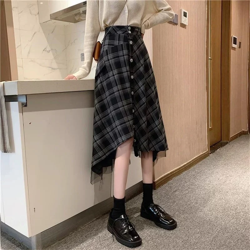 Deeptown gonna scozzese donna Vintage Preppy Style Ruffle gonna Midi elegante dolce irregolare Retro estetica Streetwear gonne