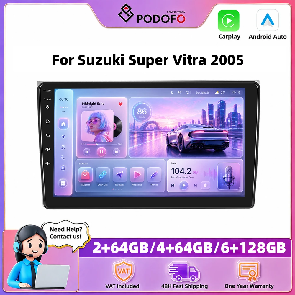 Podofo – autoradio 9 pouces pour Suzuki Super Vitra 2005, Carplay sans fil, Android Auto, systèmes de voiture intelligents, navigation GPS, lecteur multimédia, MirrorLink, BT, WIFI, unité principale