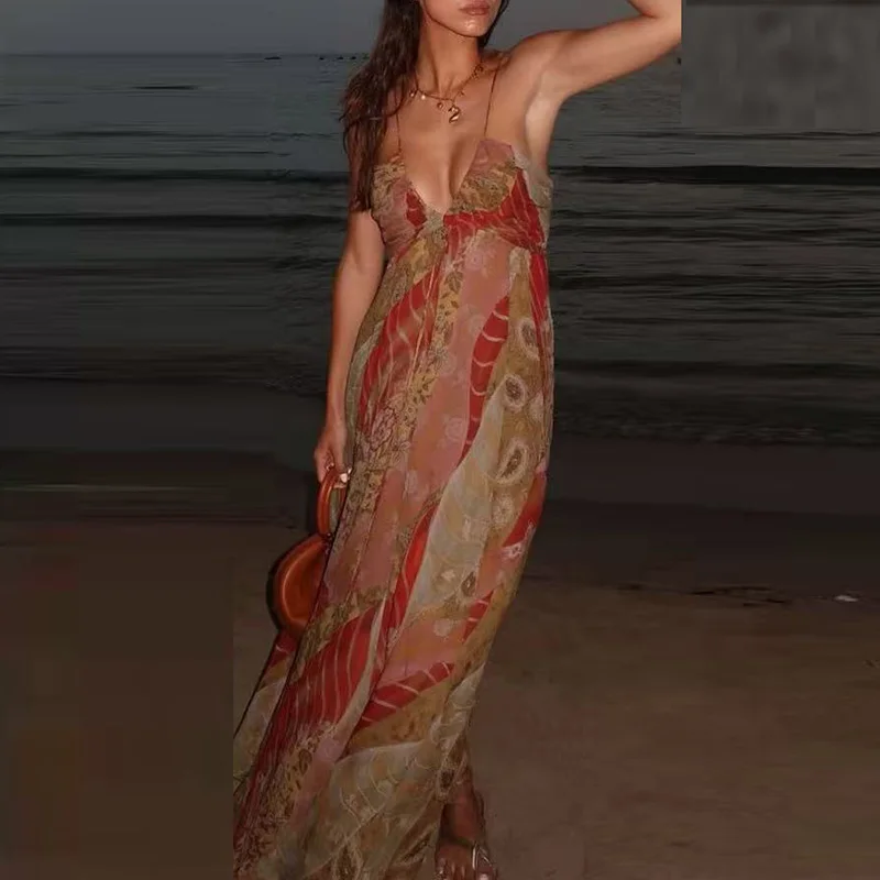 패션 로우컷 V넥 비치 롱 드레스 서스펜더 여름 패턴 프린트 여성 드레스 백리스 홀터넥 플리츠 보헤미안 드레스