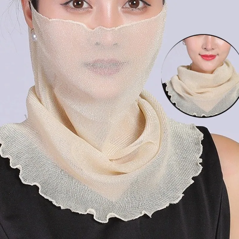 Fashion Face Cover Masks Women Silk Bib Neck Cover Sun Protection Hanging Ear Veil Summer Scarf Mesh Headband