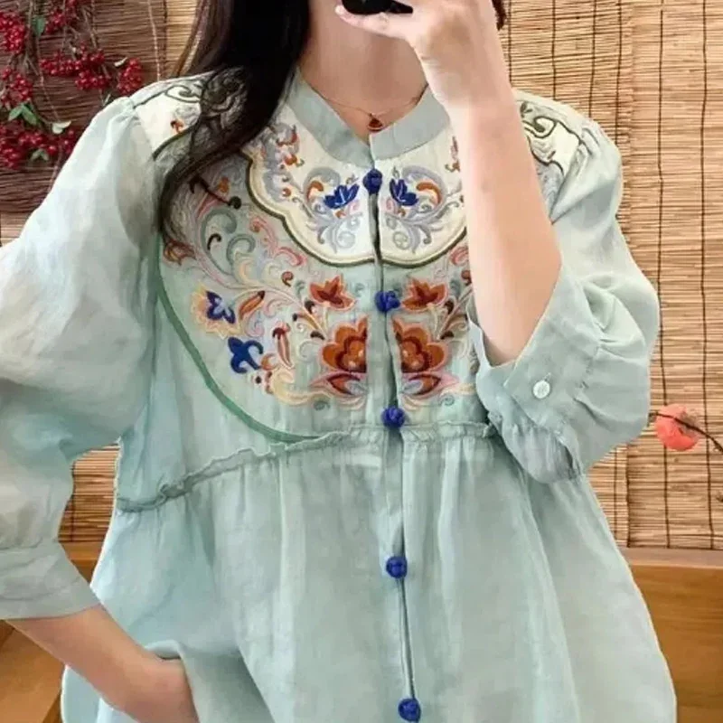 Cardigã com gola redonda estilo chinês para mulheres, camisa bordada de cânhamo de algodão, botão três quartos, vintage, elegante, primavera, verão, B267