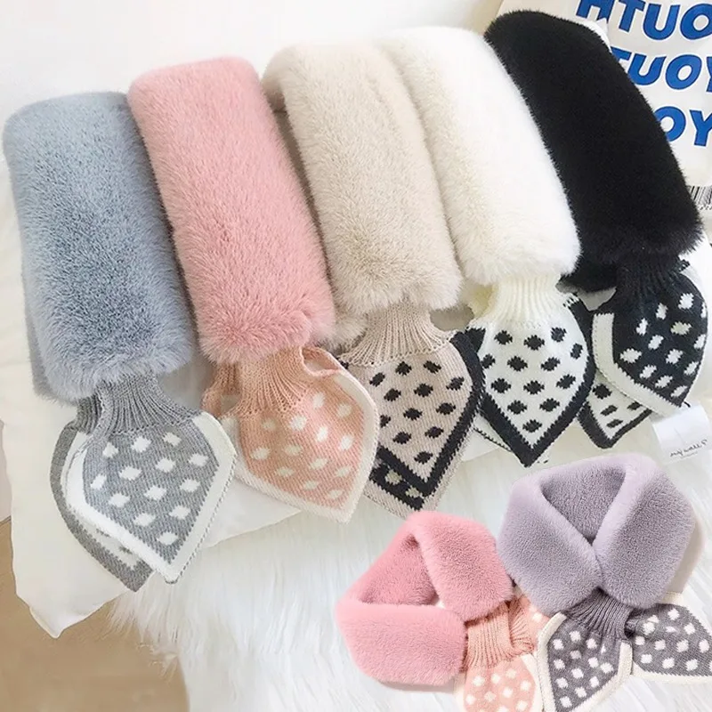 Autumn Winter Korean Super Soft Furry Warm Polka Dot Scarf INS Style Plush Cute Simple Vintage Versatile Scarf Cross Connection