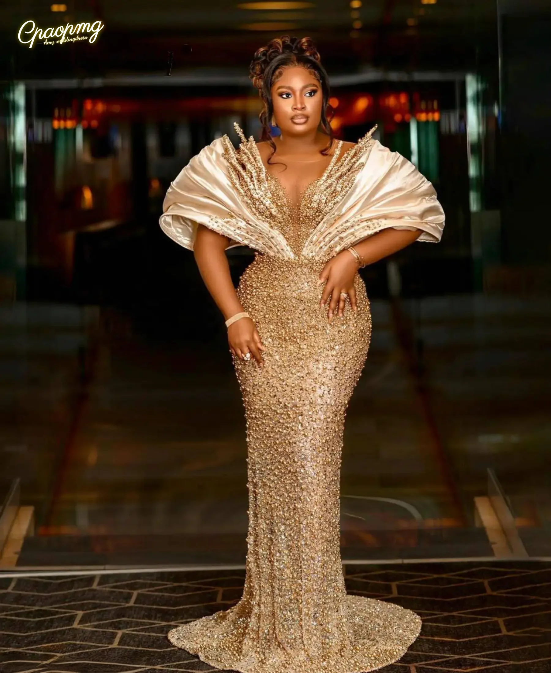 Customized Champagne Pearls Beaded Mermaid Evening Dresses Plus Size Middle East Muslim Islamic Women's Wedding Party Gowns