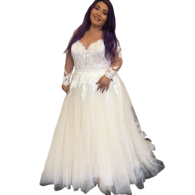 Customized New Design Vestido Noiva Plus Size Wedding Dress Long SleeveTulle Lace Illsion Buttons A-Line Bridal Gowns