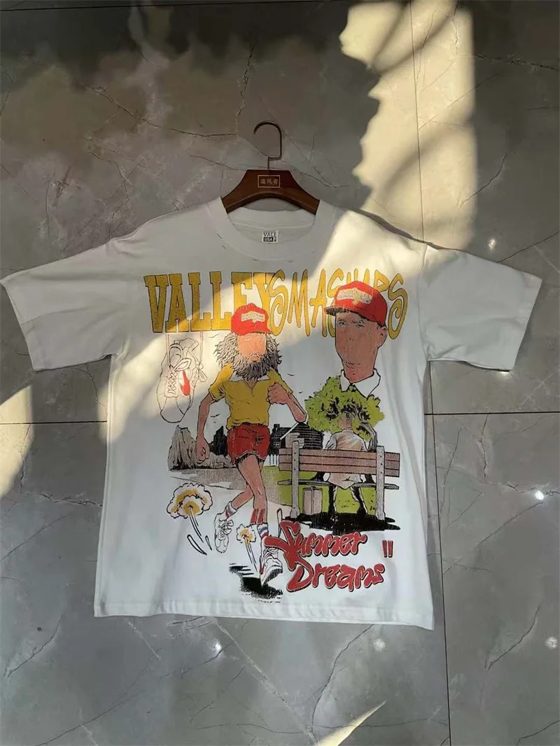 الأمريكية شارع العليا فالي الكرتون طباعة قمصان الرجال النساء القطن الخالص الساخن الحفر خطابات وادي المتضخم تي شيرت #3