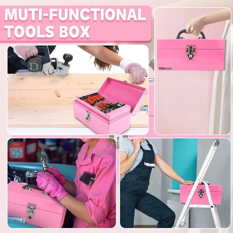 Small Tool Box,Portable Removable Tray Heavy Steel Tool Box with Metal Latch Closure,Black,Tool Storage, Lockable,Mini Tool Box