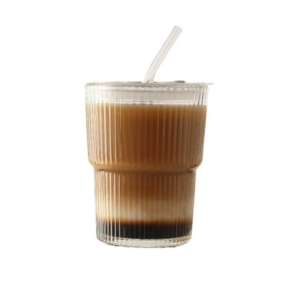 Paquete de 2 cristalería estriada vertical de 450 ml/15 oz con tapas y pajitas de vidrio cristalería duradera sin plomo para uso diario