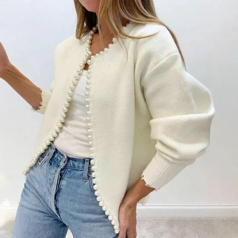 Bianco elegante perle che bordano cardigan a punto aperto manica lunga casual vintage chic o collo maglione lavorato a maglia maglieria autunno donna