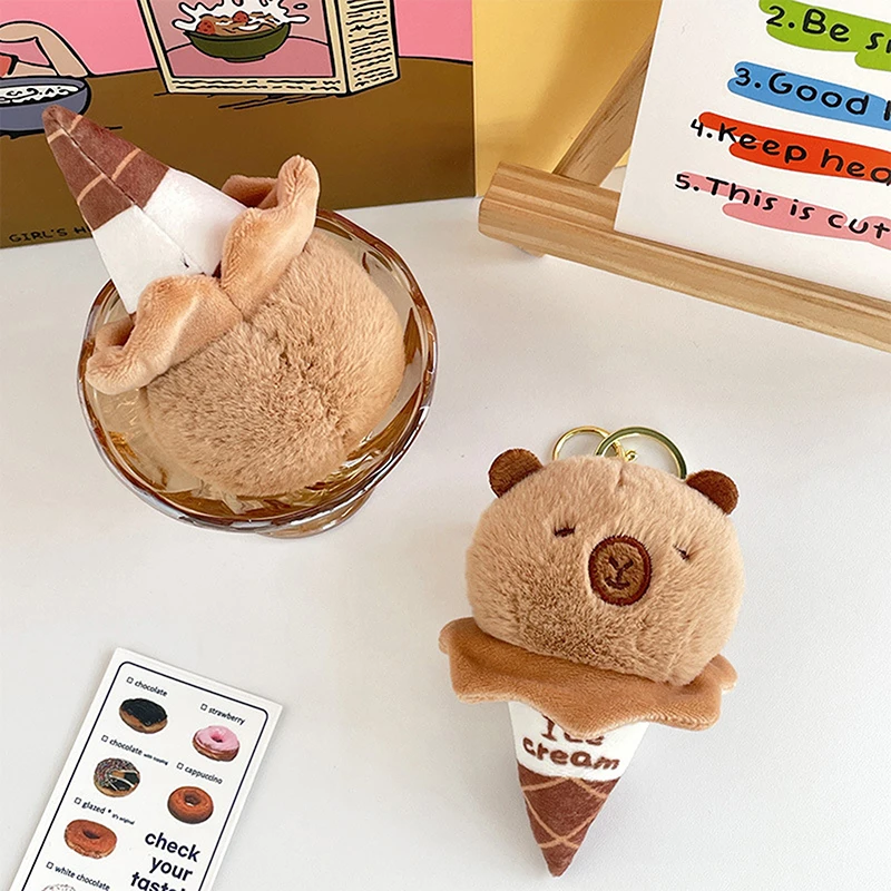 Cute Ice Cream Cone Capybara Plush Doll Toy Stuffed Animals Keychain Bag Pendant Girly Heart Key Hanging Ornament Accessory Gift