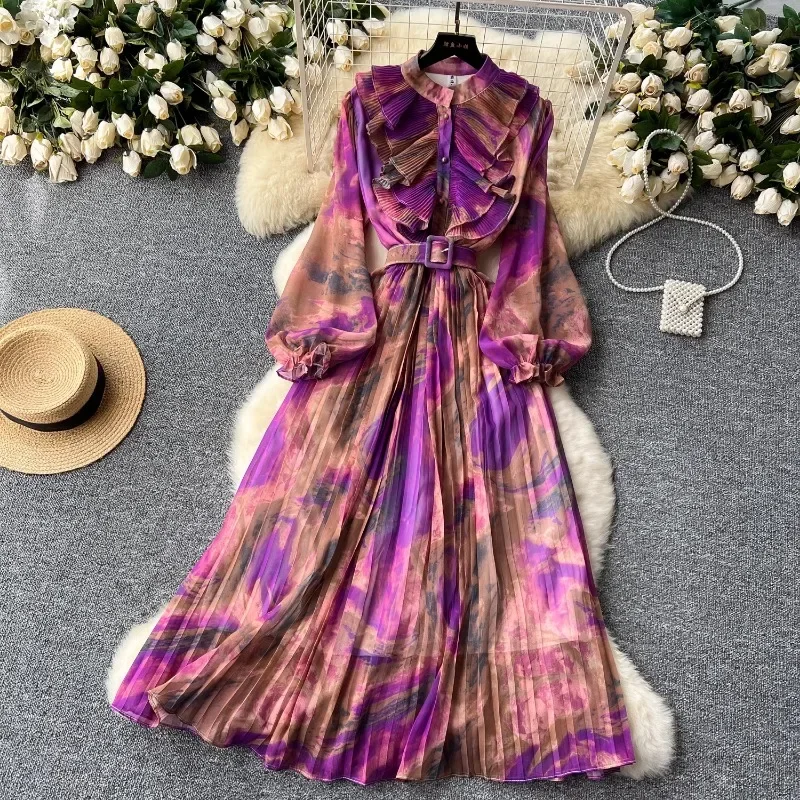 Retro elegancka jesienna jadalna grzyb drzewny Patchwork z długimi rękawami drukuj szyfonowa sukienka linia A francuski Vintage wakacje damskie sukienki