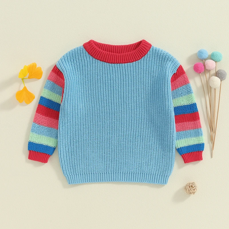 Suéter de punto para bebé, niño y niña, jersey de manga larga con cuello redondo a rayas, sudadera infantil, ropa de otoño e invierno