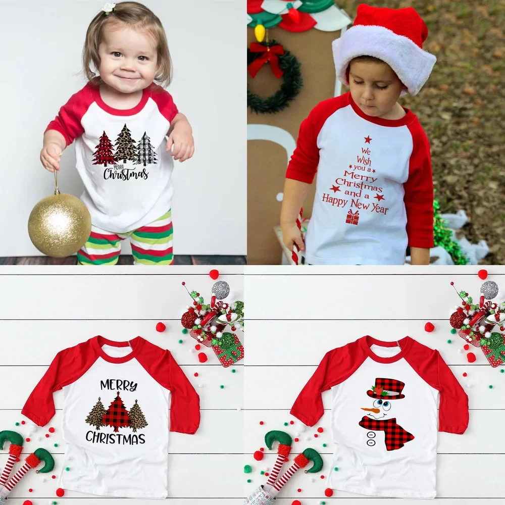 Merry Christmas Plaid Tree Printed T-Shirt Fashion Graphic Kids Top Tshirt Children Kawaii Tee Unisex Xmas T-shirt Drop Ship