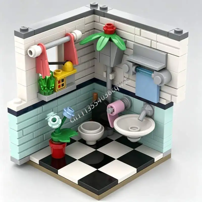 145 Parts Bathroom Habitat Interior Model MOC Custom Puzzle DIY Assembly Building Blocks Home Decoration Educational Toy Gifts