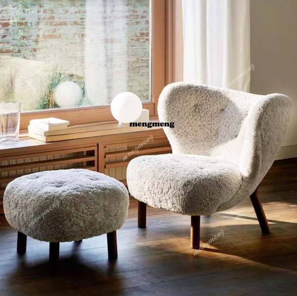 

Nordic lamb plush single sofa balcony chair designer solid wood leisure sofa lazy recliner