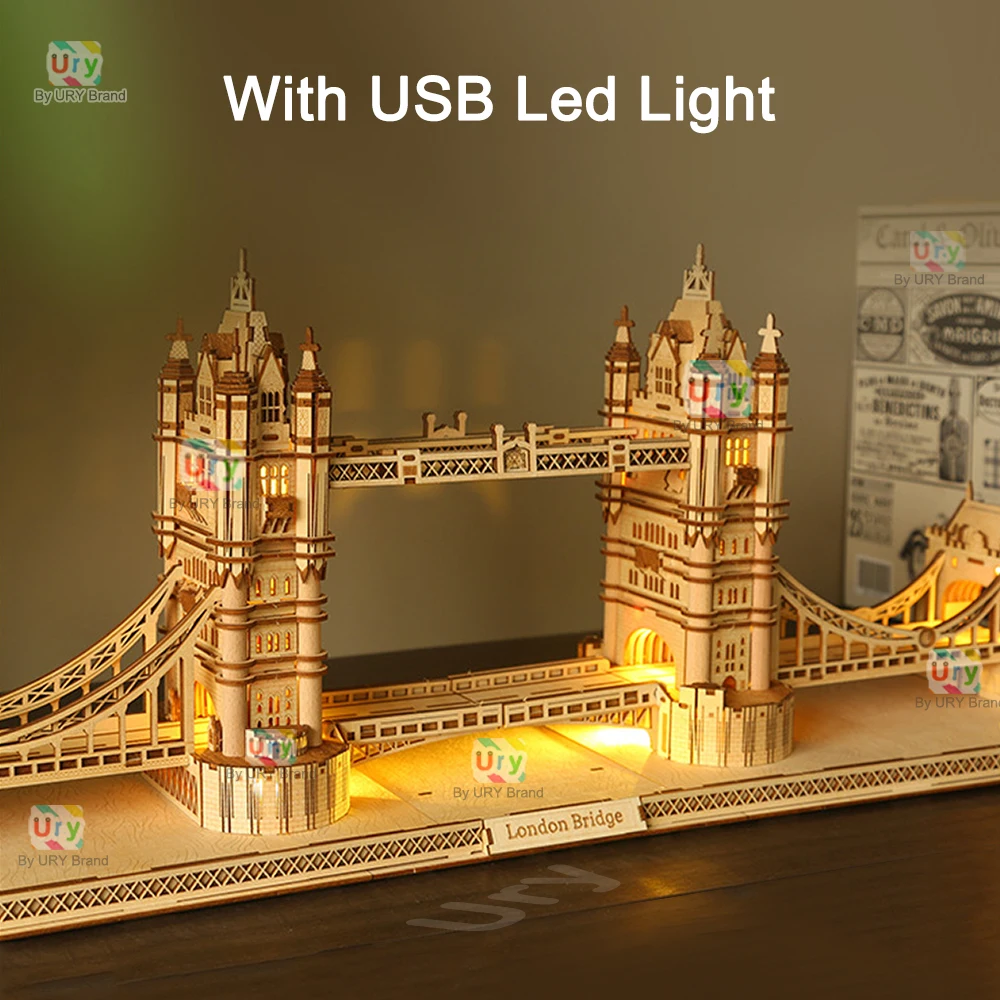 Ury 3D Wooden Puzzle England London Tower Bridge with Light LED Retro Assembly Souvenir Kits for Adult DIY Model Decoration Gift