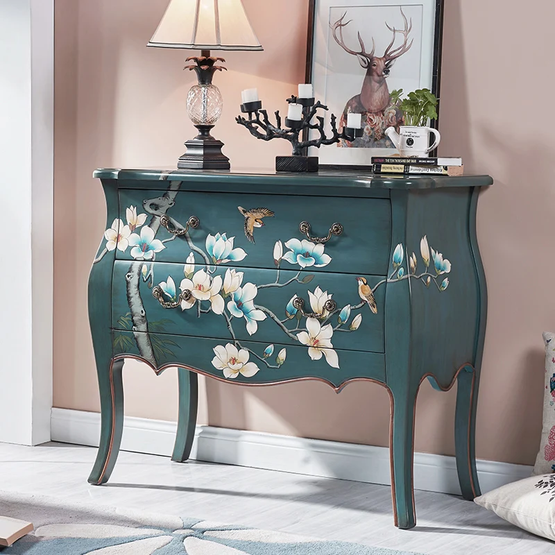 

American-Style Blue Vintage Painted Hallway Chest of Drawers Living Room Bedroom Wall Solid Wood 1.2 M Locker