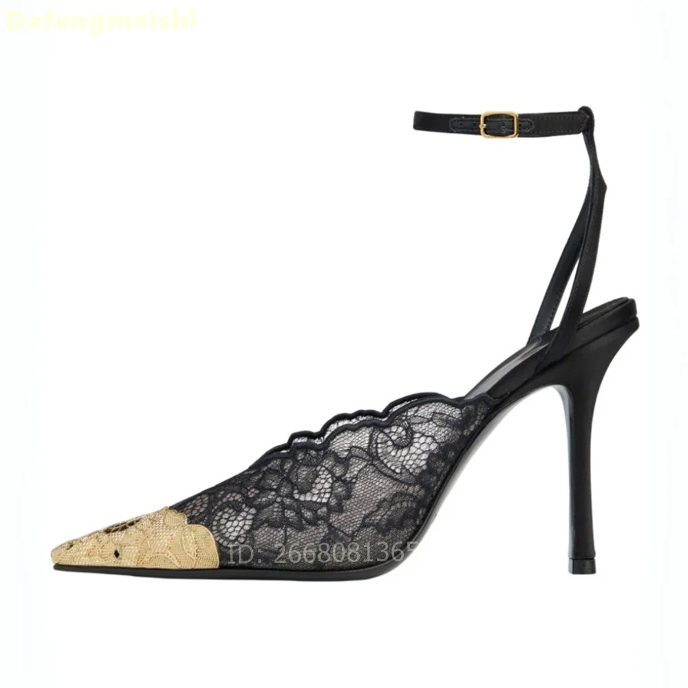 

Black Lace & Gold Metal Tip Pointed Toe Pumps Women Elegant Slingback Evening Ankle Strap Stiletto Heel Sandals Wedding Shoes