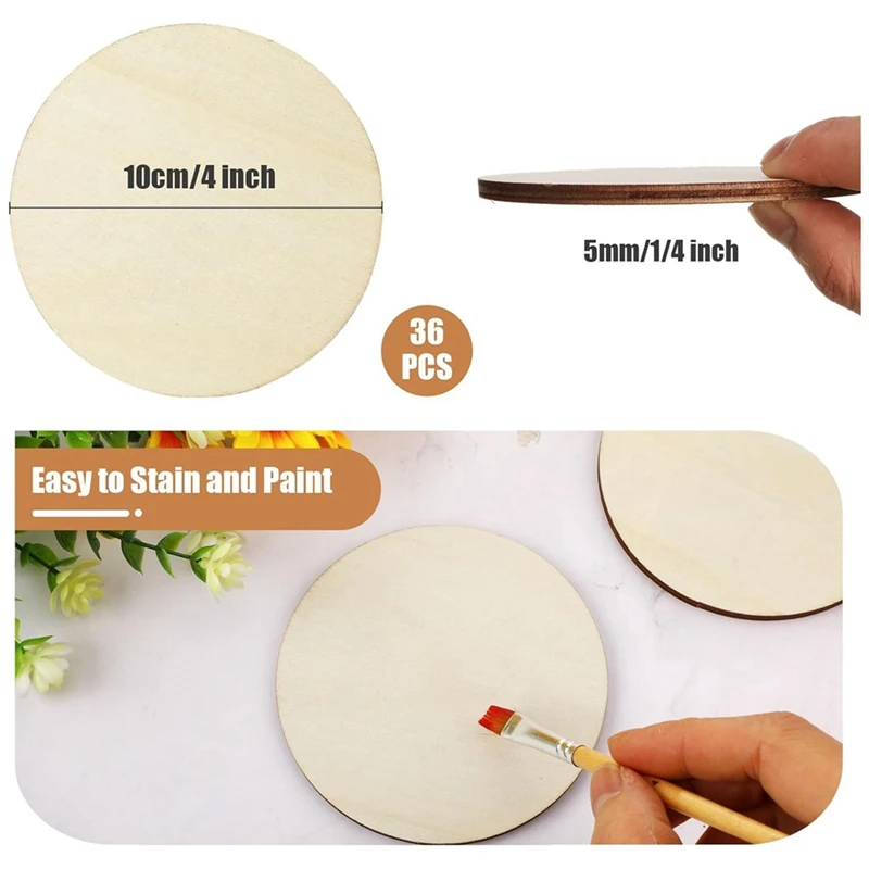 36 Piece 4 Inch Wood Circles Unfinished Round Wooden Discs Blank Wood Rounds Natural Wood Round Cutouts Slices