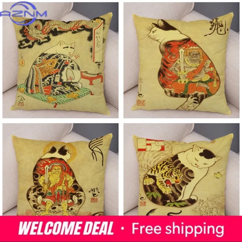 Vintage Japanese Samurai Cat T - Japanese Home Textiles 评论和价格