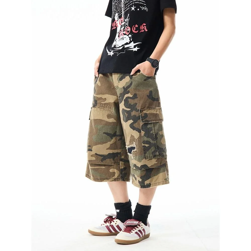 Summer Men's Loose Fit Cargo Shorts Seven Inch Straight Leg Trendy Workwear Casual Pants mid Waist Polyester Cotton Blend
