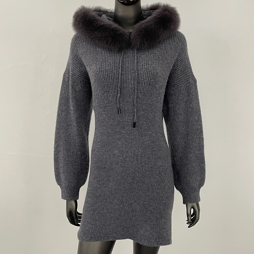 FURYOURSELF 2025 Autumn Winter European American Style Mid Length Fashionable Hooded Dress Fox Fur Neck with Wool Knit Sweater