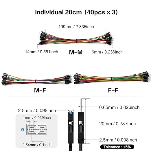 120pcs 40 Pin Breadboard Jumper Cable Wire Male to Male/Female to Female/Male to Female Ribbon Cable for Arduino DIY 20cm