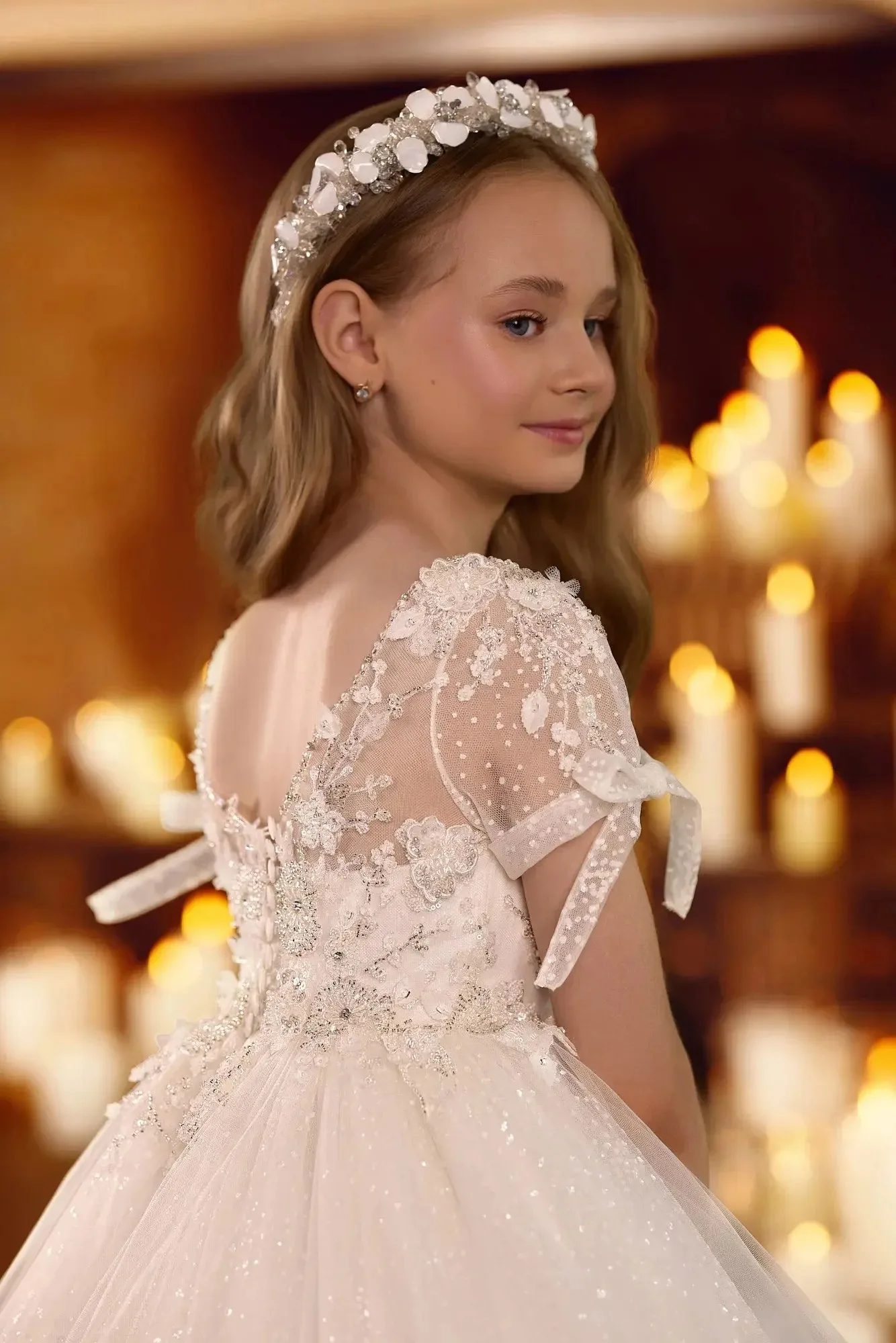 White Flower Girl Dresses for Wedding Lace Appliques Short Sleeves Girl Birthday Party Gowns First Communion Gowns Customized
