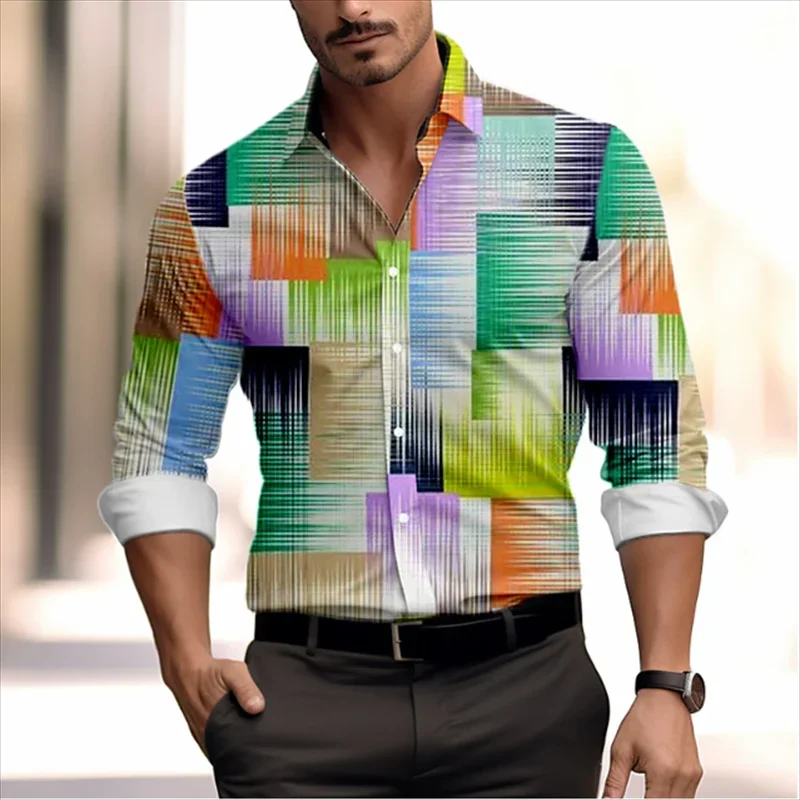 

Striped Geometric Casual Men's Shirts for Daily Outings Spring and Summer Cuffed Long Sleeve Tops Comfortable Casual Shirts with