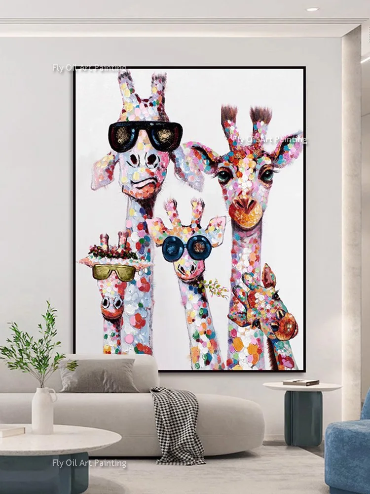 Living Room Home Decor Handpainted Oil Painting Colorful Giraffe Animal Family Oil Painting Cuadros For Kid Wall Art Picture
