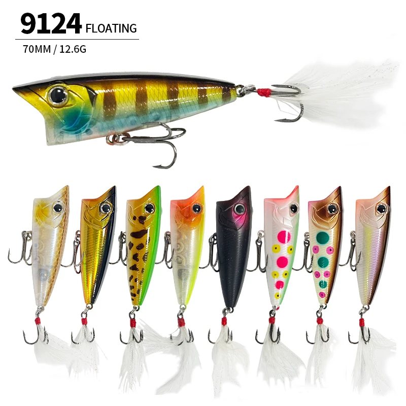 

Floating Popper Fishing Lure 70mm 12.6g Surface Big Mouth Pesca Artificial Bait Topwater Trolling Trout Carp Fishing Bait 9124
