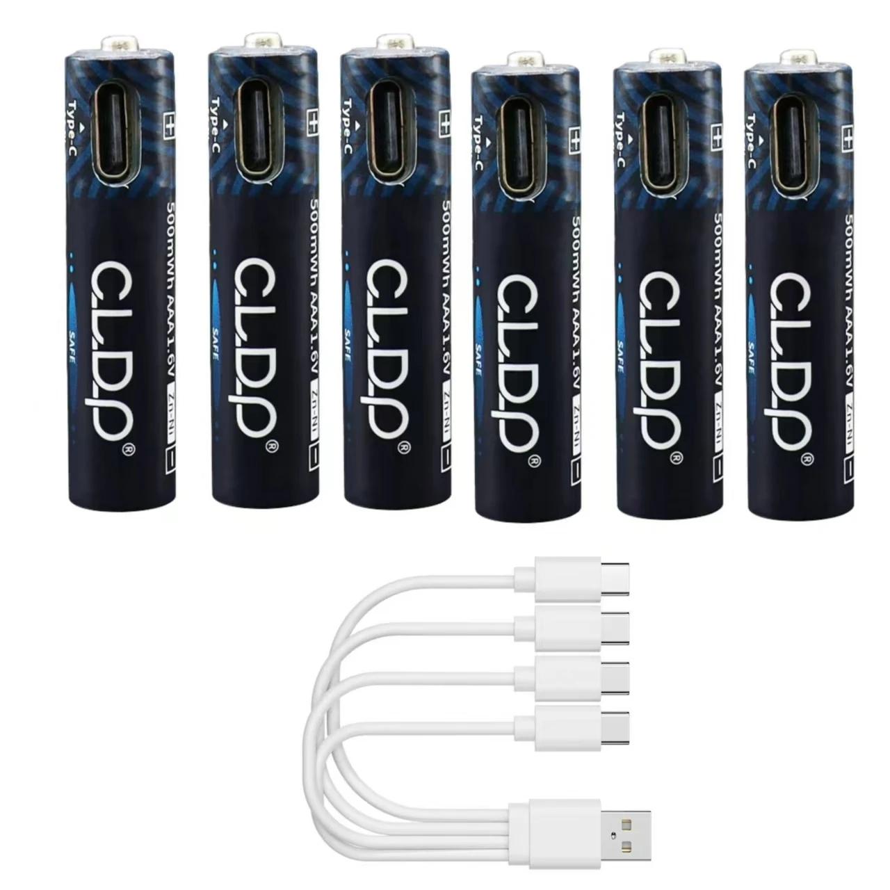 TYPE-C 충전 케이블이 있는 USB Ni-Zn 충전식 배터리, 장난감 문짝 잠금 장치에 적합, 1.6V, AAA, 500mWh, 6 개/로트