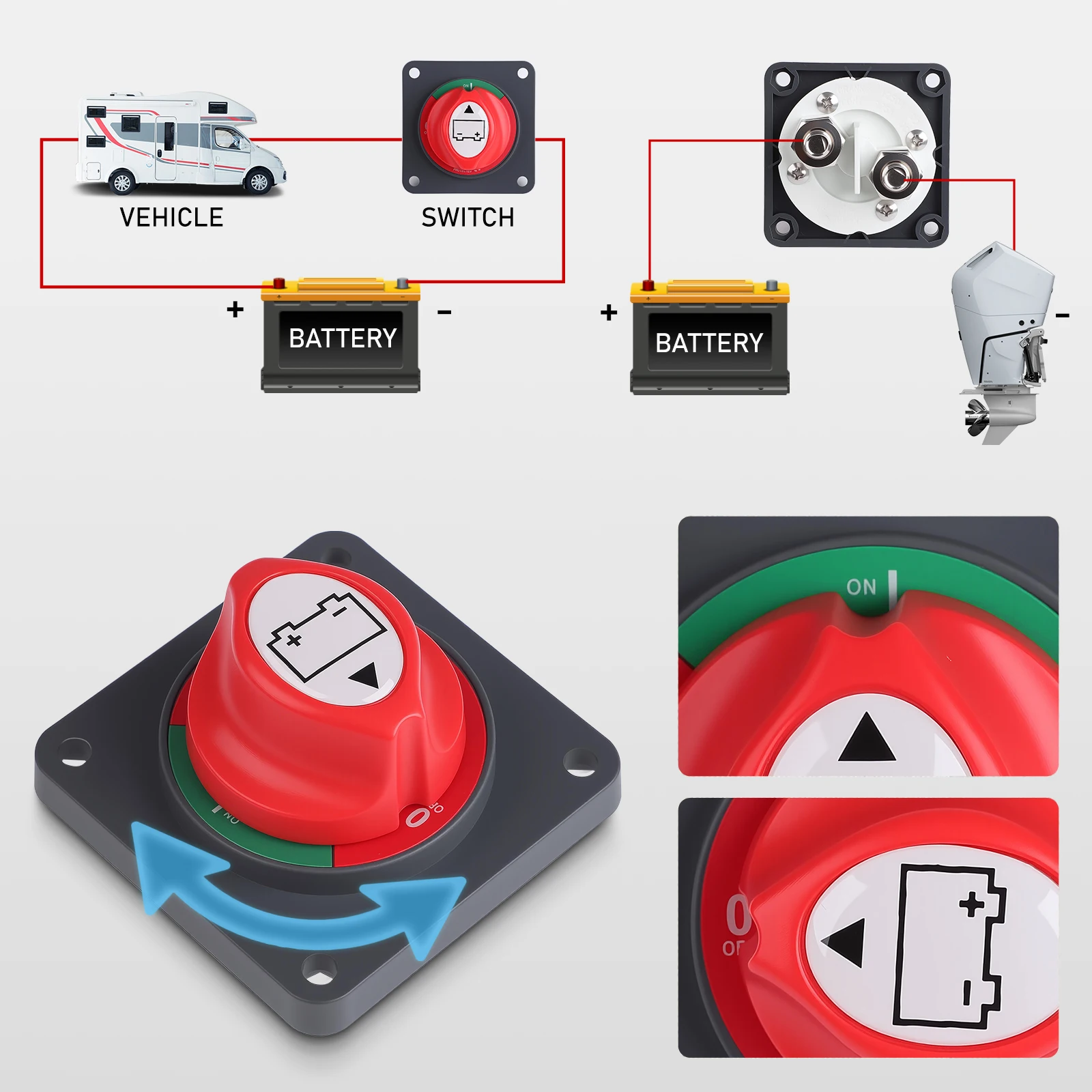 Neuer Batterieleistungsschalter, EIN/AUS-Schalter, 12 V–48 V, 275 A, Trennisolator, M10, M8, Kupferbolzen für Auto, Fahrzeug, Wohnmobil, Boot und mehr – Detail 5