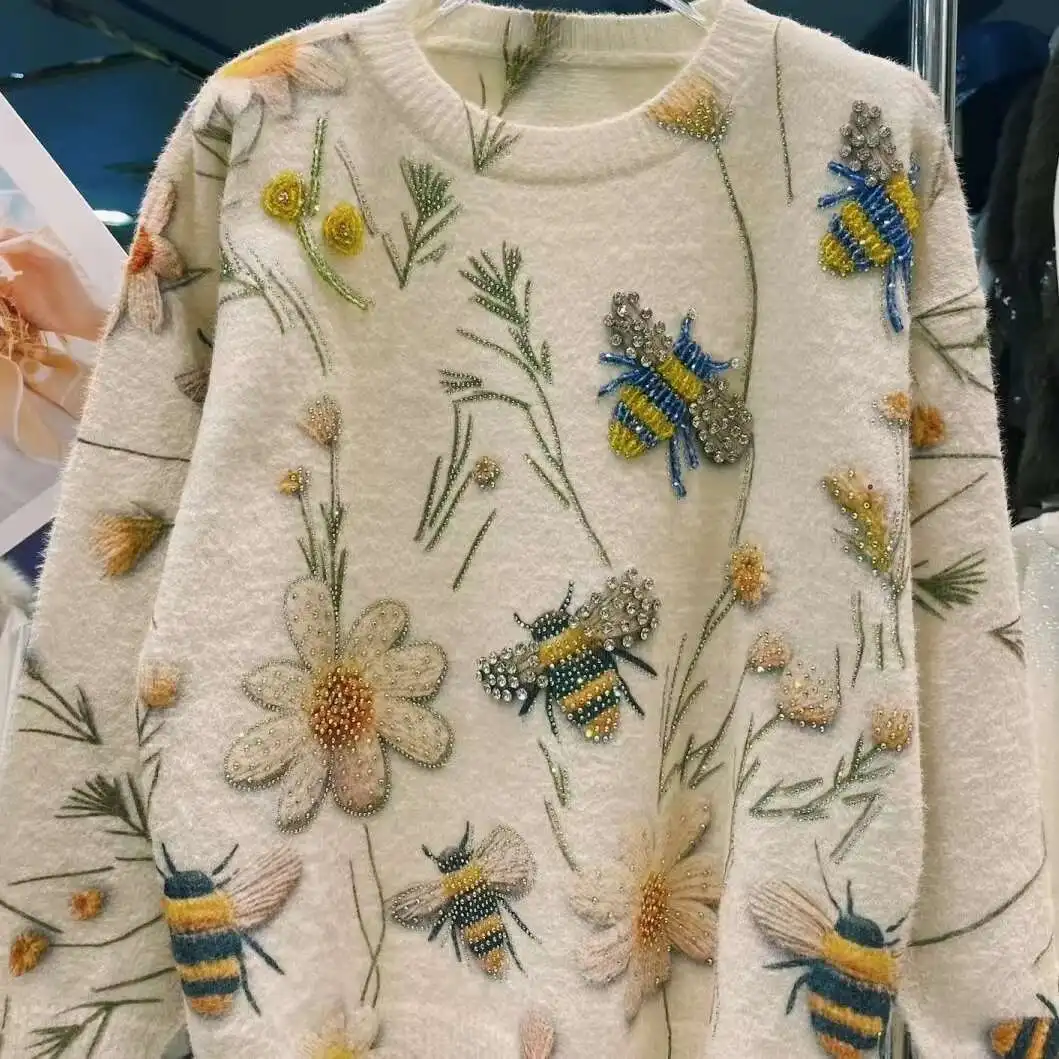 الاتجاه الجديد الصناعة الثقيلة ضياء Y2K سترة للنساء الخريف الشتاء فضفاضة عادية الجولة الرقبة بلوفر مغزول لاعبا #5