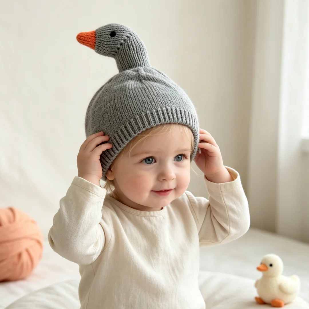 Winter Cartoon 3D Goose Kids Knitted Hat Korean Style Windproof Warm Beanie Hat for Boys Girls 4-6Y Solid Soft Children Cap